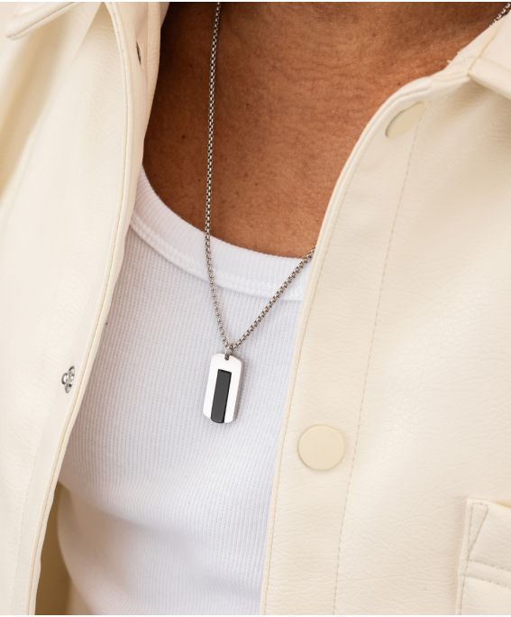 Dogtag necklace Black Agate | Silver One-Size (60cm)
