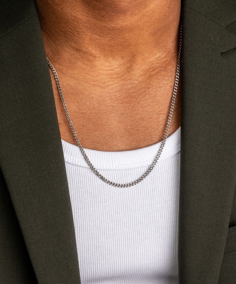 Silver Long Bar Pendant Necklace 3mm Curb Chain For Men